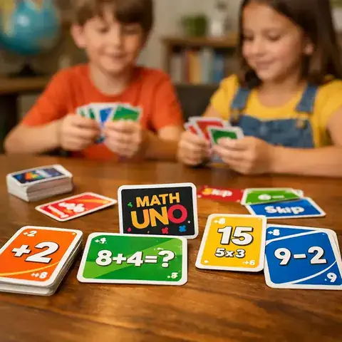 Children playing math card game at table